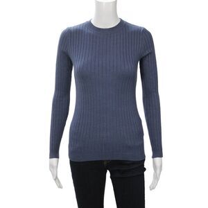 Beige Women Pullover Striped Crew Neck Dark Blue Sweater Long Sleeve Size S